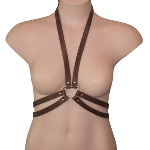 Brown Leather Harness, designer leather harness, leather body harness, BDSM harness, woman's harness, bondage harness, harness top, fetish wear, bondage fashion, harness lingerie 