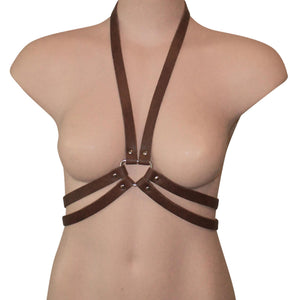 Brown Leather Harness, designer leather harness, leather body harness, BDSM harness, woman's harness, bondage harness, harness top, fetish wear, bondage fashion, harness lingerie,