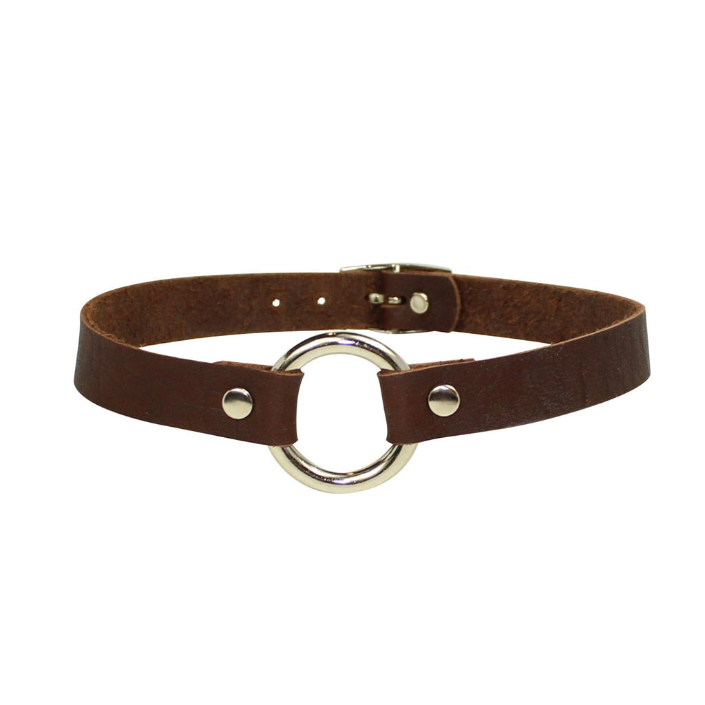 O Ring Bondage Collar Brown-Silver