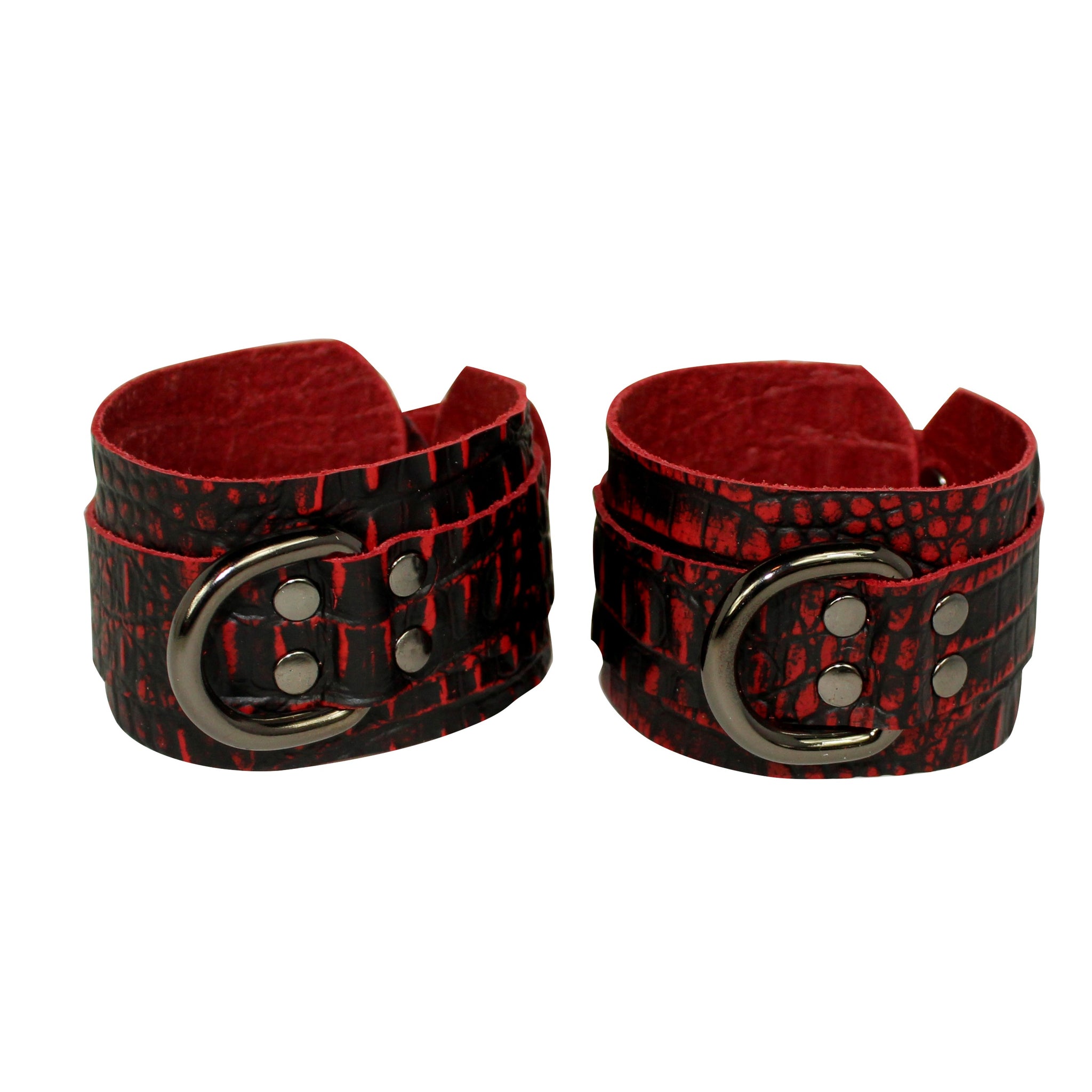 Red Crocodile Embossed Leather Collar and Cuff Set