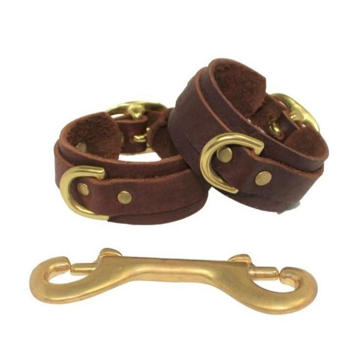 Leather Bondage Cuffs | Brown | Gold