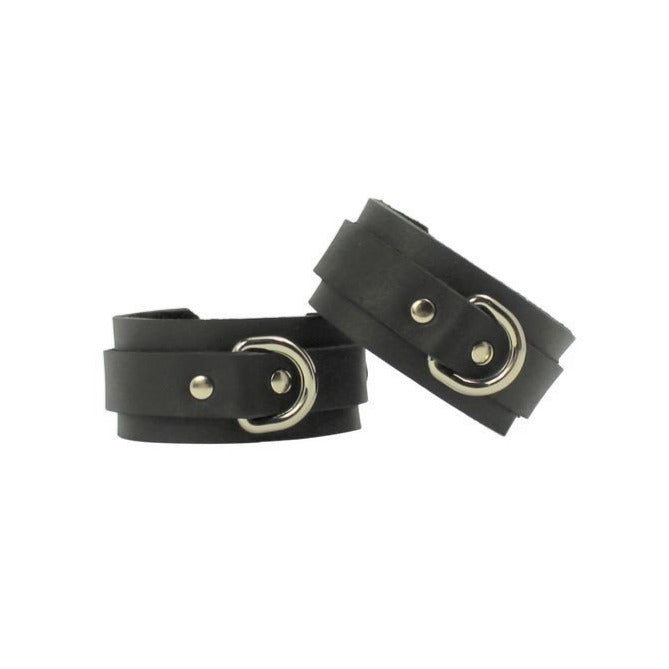Slimline Bondage Leather Cuffs Black-Silver