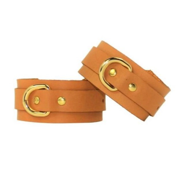 Slimline Bondage Leather Cuffs Tan-Gold